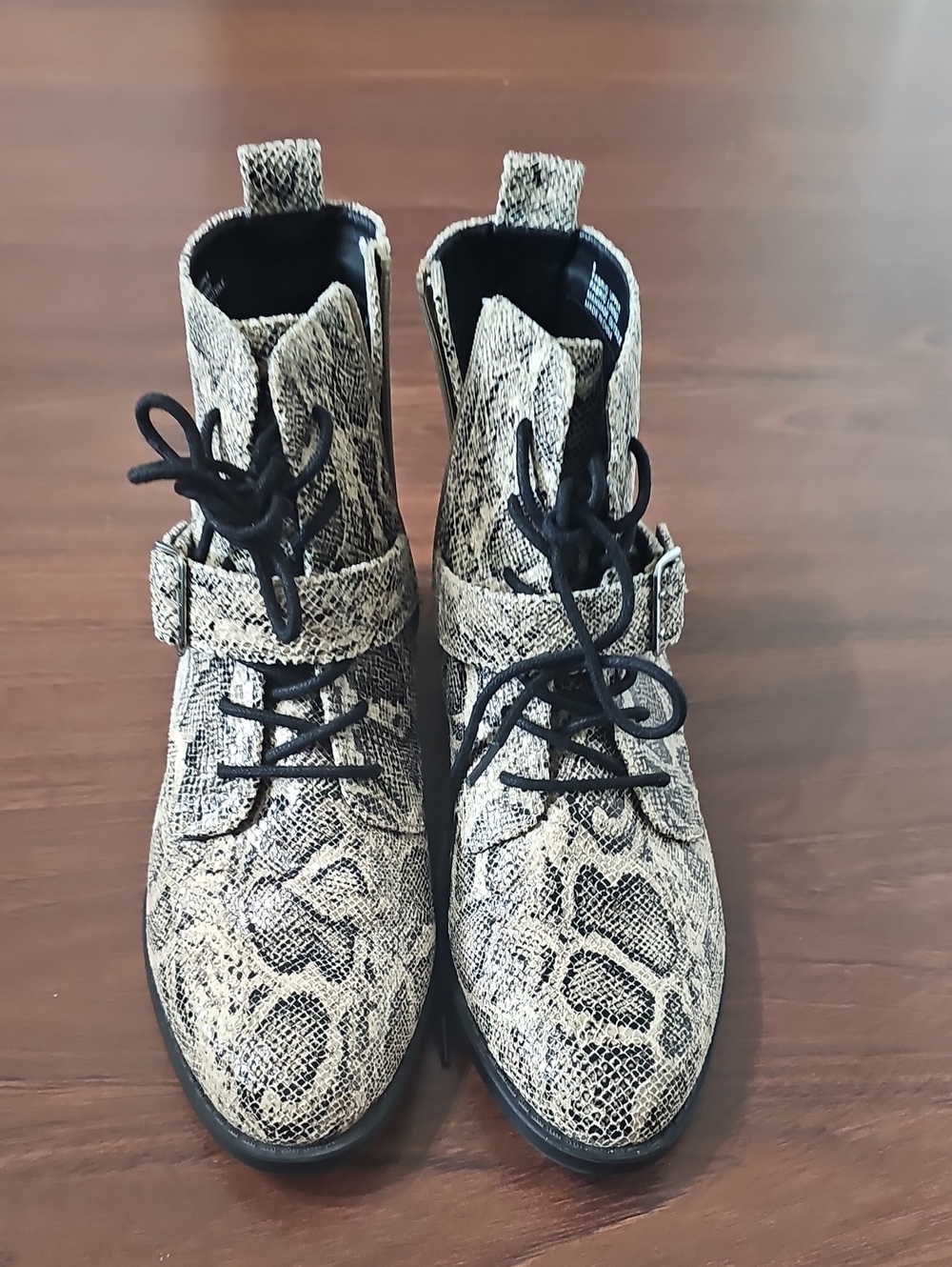 Express Snake-Print Lace-Up Ankle Boots in Beige and Black